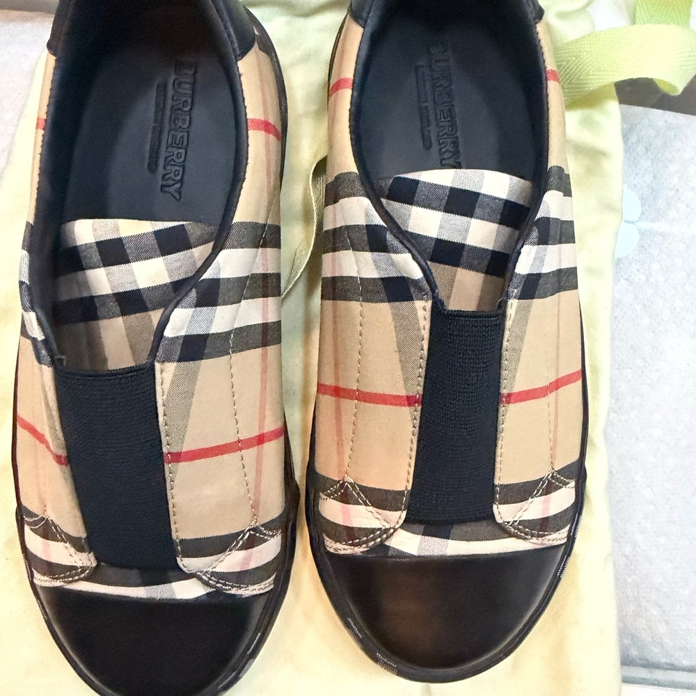 Burberry Beige and Black Check Slip-Ons